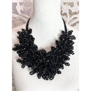 Natasha Couture black beaded floral necklace